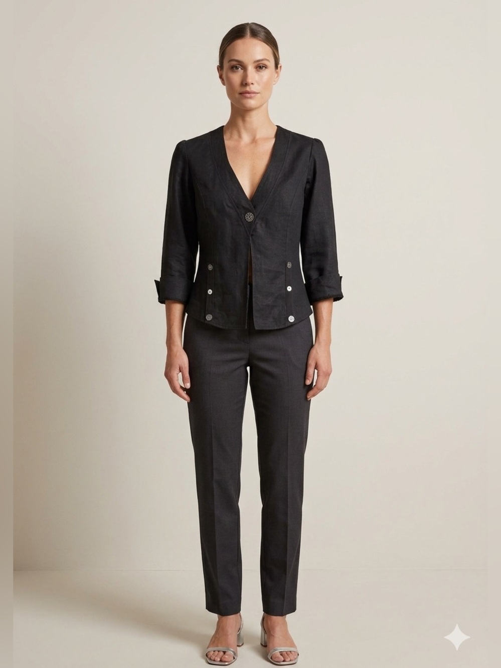 Maloka 💯 Linen Fitted Cropped Black Jacket S/M